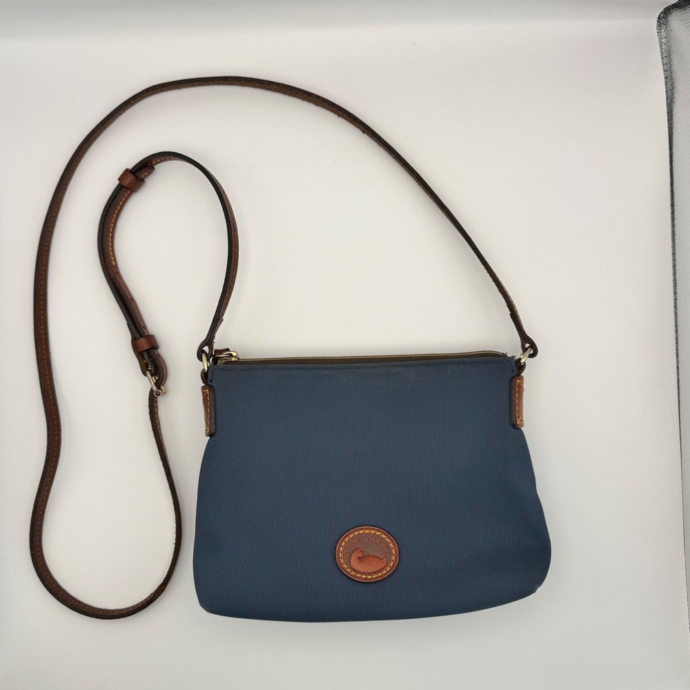VTG Dooney & Bourke Small Navy Blue Canvas Leather Trim Crossbody Bag Purse